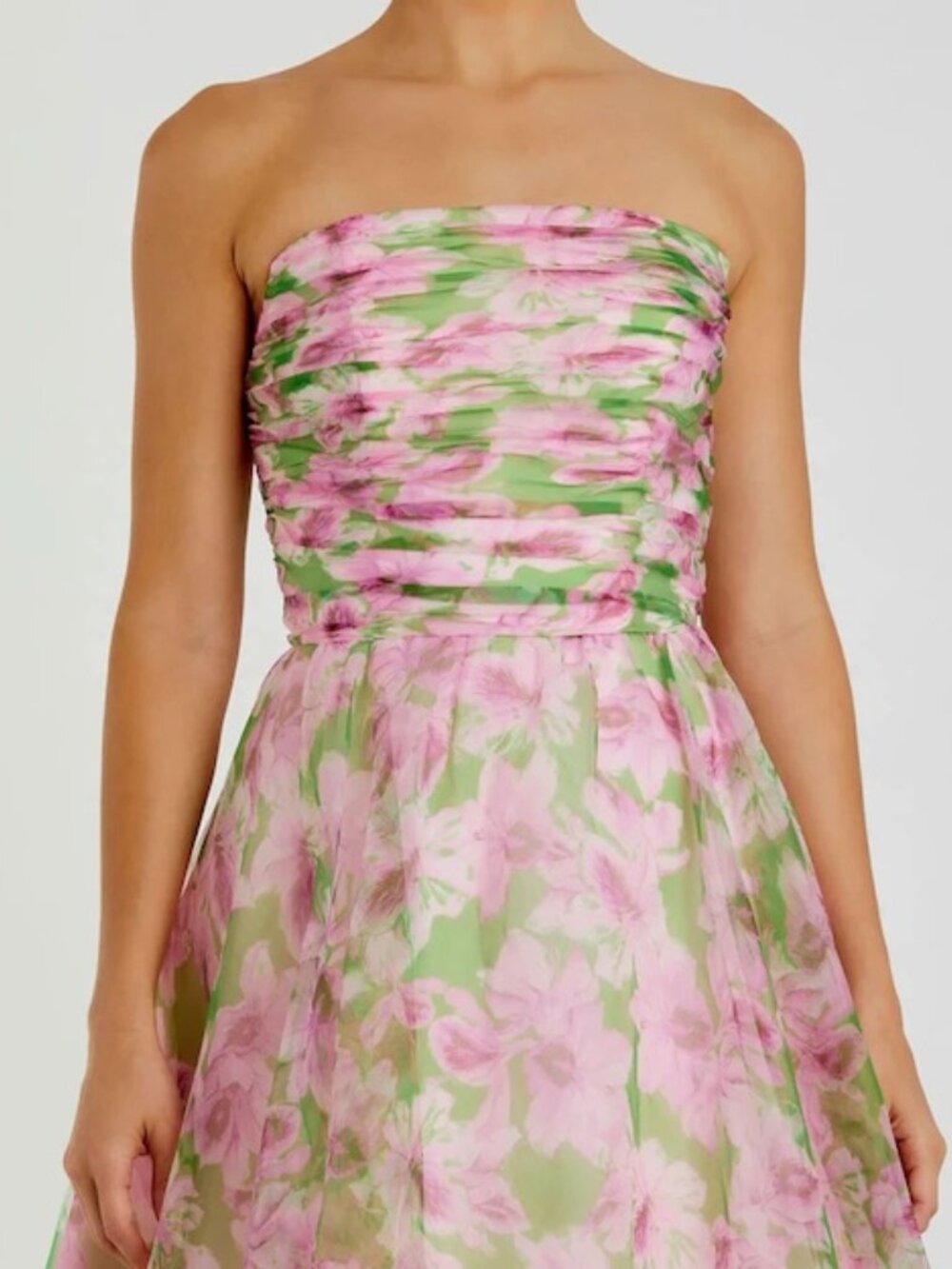 Mac Duggal Pink Green Multi Strapless Floral Chiffon Ruched Gown - Picture 3 of 4